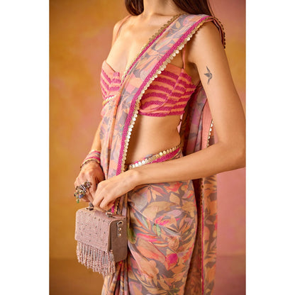 Old Marigold Pai Peach & Hot Pink Applique Tie Up Stitched Blouse
