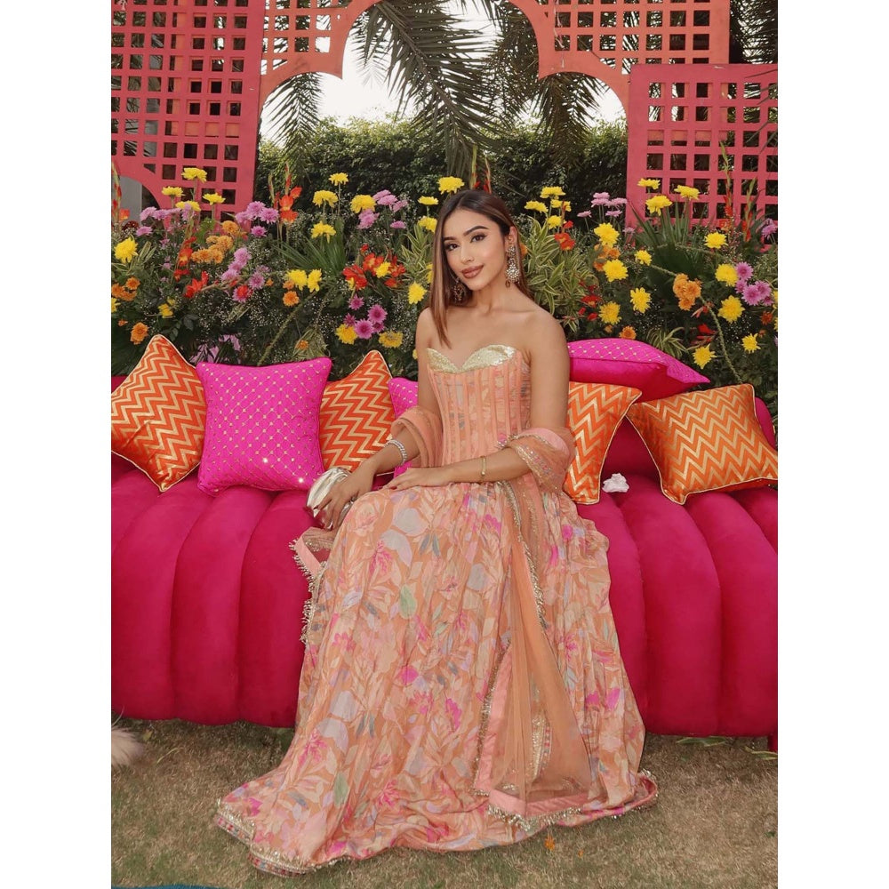 Old Marigold Alina Peach Muslin Lehenga with Top and Dupatta (Set of 3)