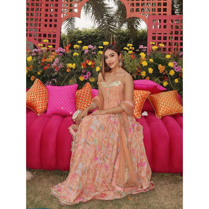Old Marigold Alina Peach Muslin Lehenga with Top and Dupatta (Set of 3)