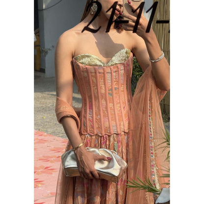 Old Marigold Alina Peach Muslin Lehenga with Top and Dupatta (Set of 3)