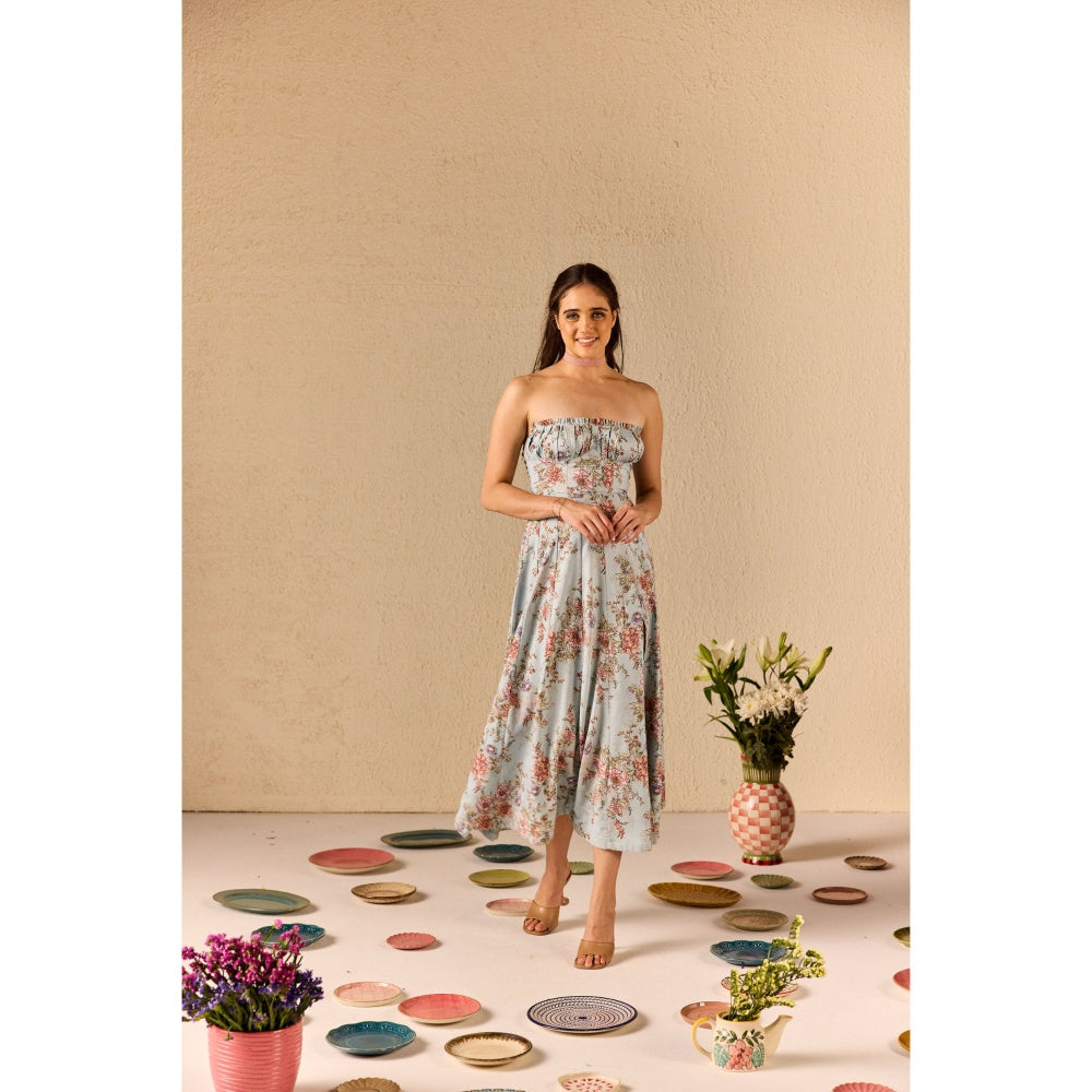 Old Marigold Fiorella Blue Floral Tube Midi Dress