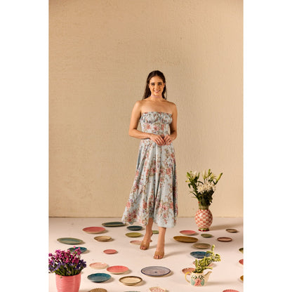 Old Marigold Fiorella Blue Floral Tube Midi Dress
