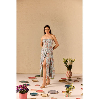 Old Marigold Fiorella Blue Floral Tube Midi Dress
