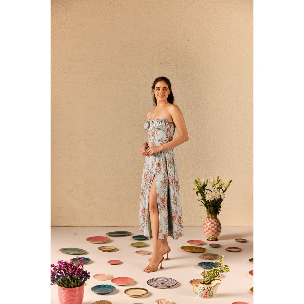 Old Marigold Fiorella Blue Floral Tube Midi Dress
