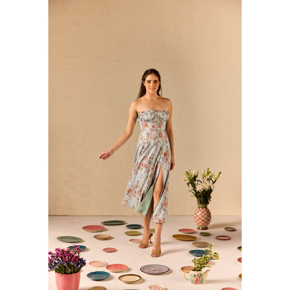 Old Marigold Fiorella Blue Floral Tube Midi Dress