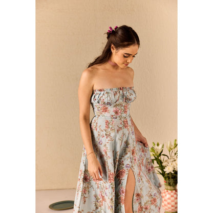 Old Marigold Fiorella Blue Floral Tube Midi Dress