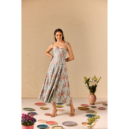 Old Marigold Emily Blue Floral Midi Dress With Corset Jacket (Set of 2)