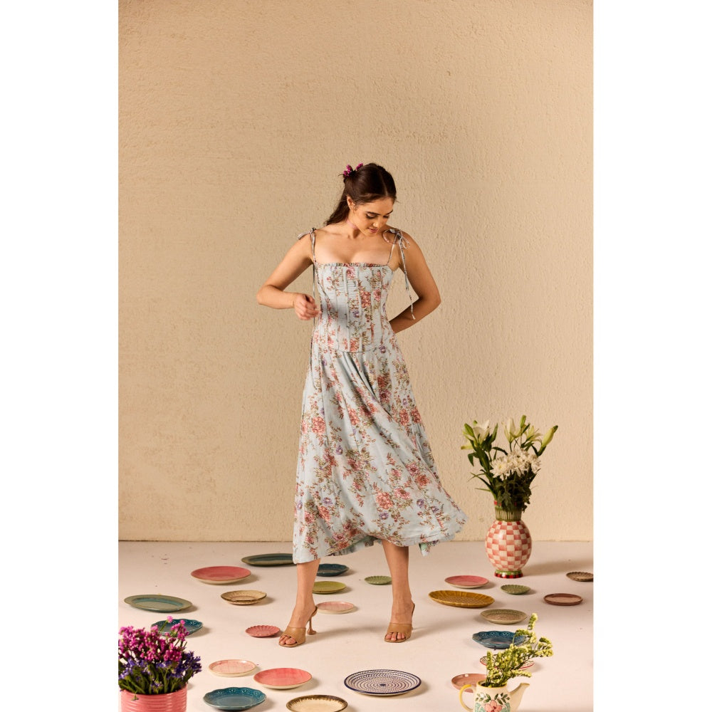 Old Marigold Emily Blue Floral Midi Dress With Corset Jacket (Set of 2)