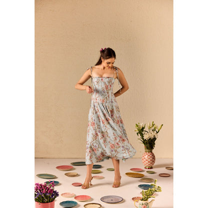 Old Marigold Emily Blue Floral Midi Dress With Corset Jacket (Set of 2)