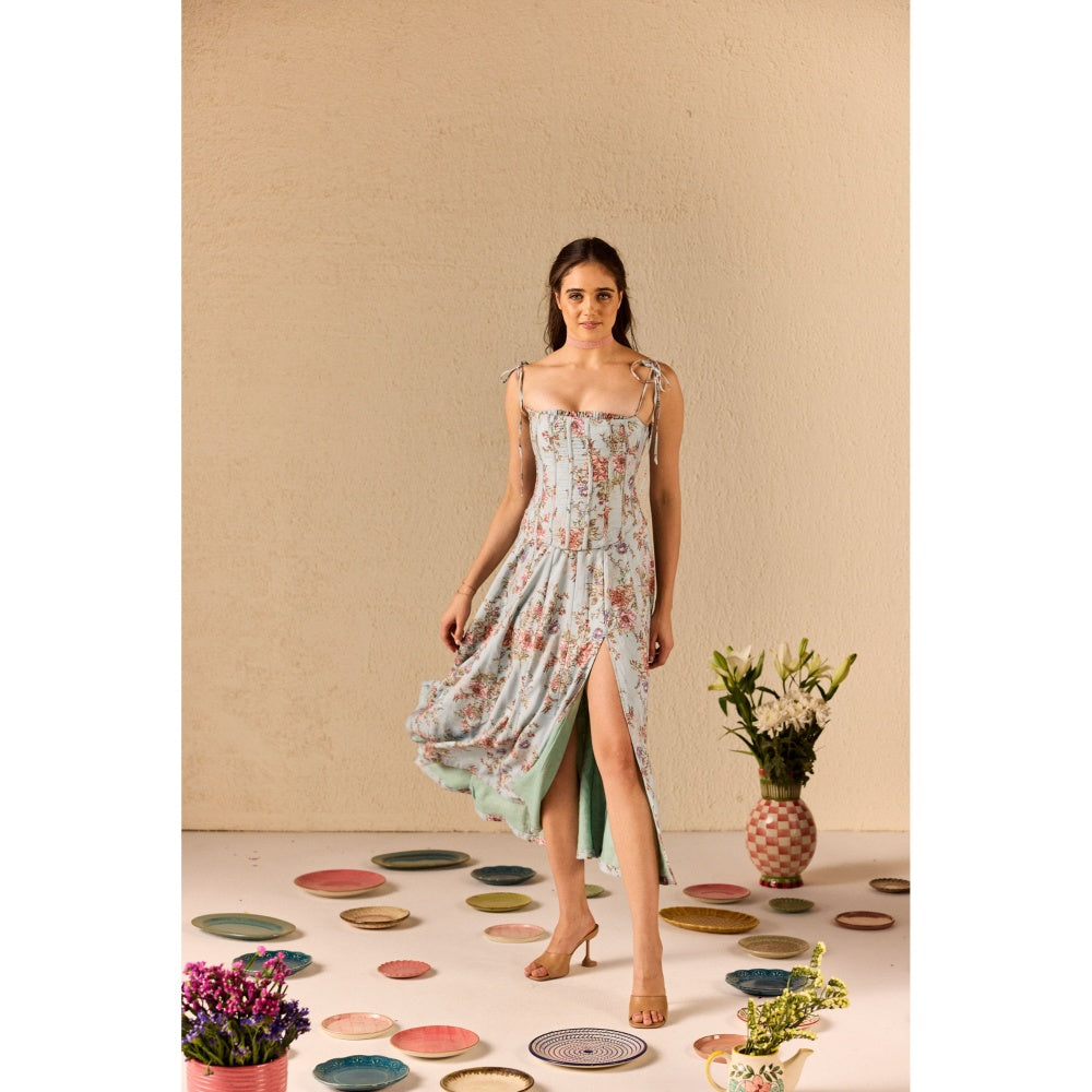 Old Marigold Emily Blue Floral Midi Dress With Corset Jacket (Set of 2)