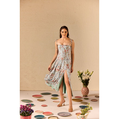 Old Marigold Emily Blue Floral Midi Dress With Corset Jacket (Set of 2)