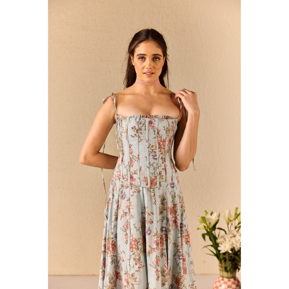 Old Marigold Emily Blue Floral Midi Dress With Corset Jacket (Set of 2)