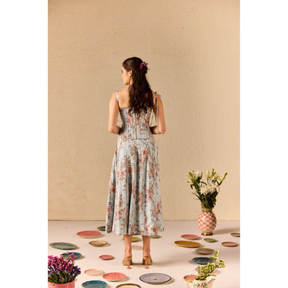 Old Marigold Emily Blue Floral Midi Dress With Corset Jacket (Set of 2)
