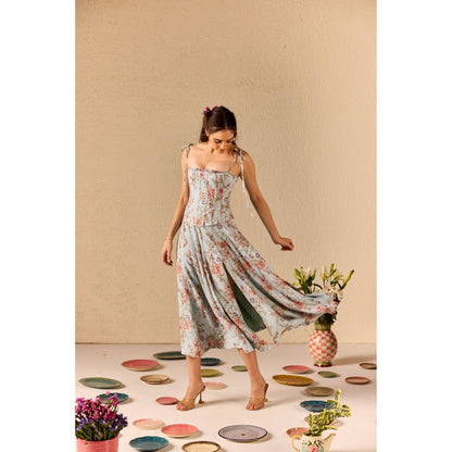 Old Marigold Emily Blue Floral Midi Dress With Corset Jacket (Set of 2)