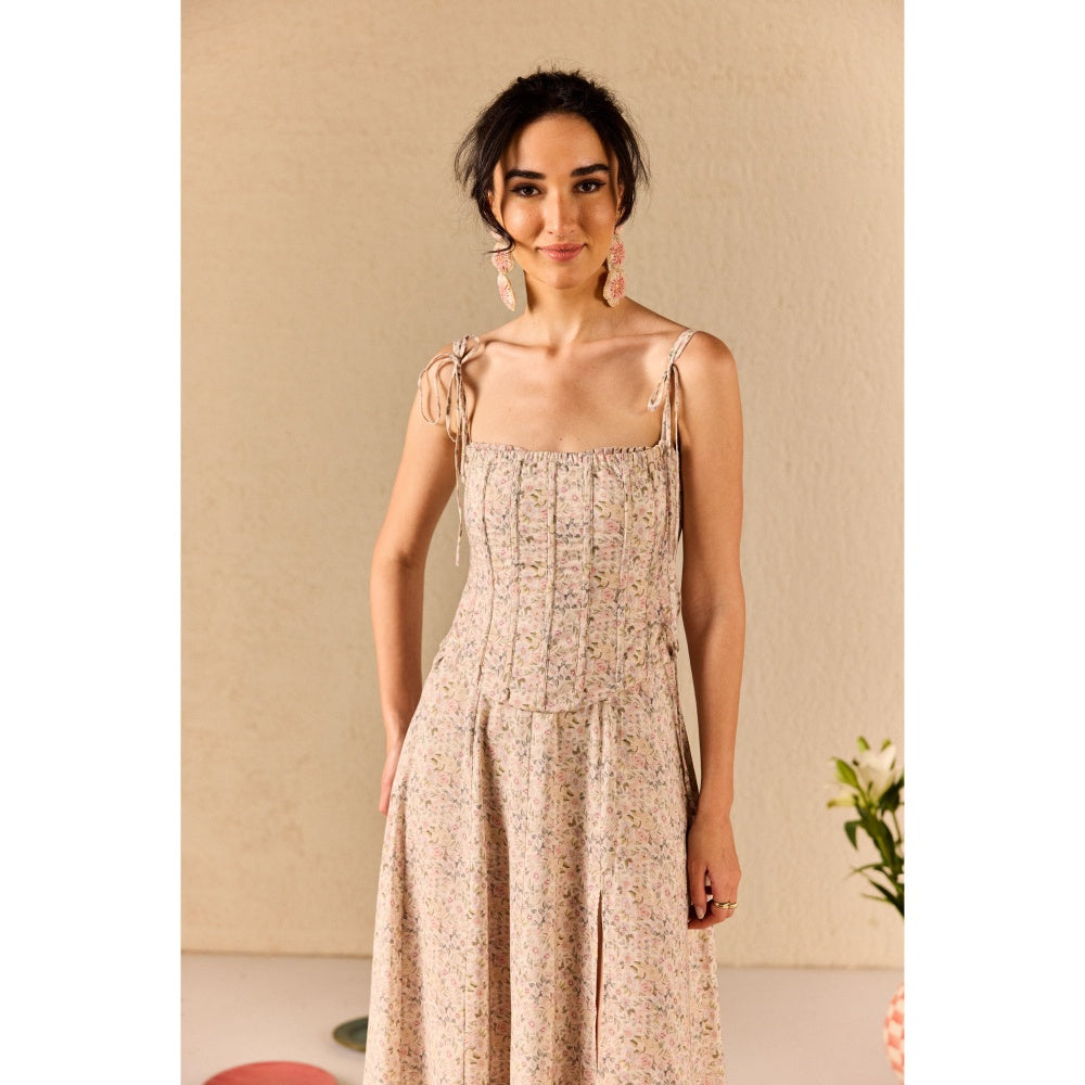 Old Marigold Gardenia Beige Floral Midi Dress With Corset Jacket (Set of 2)