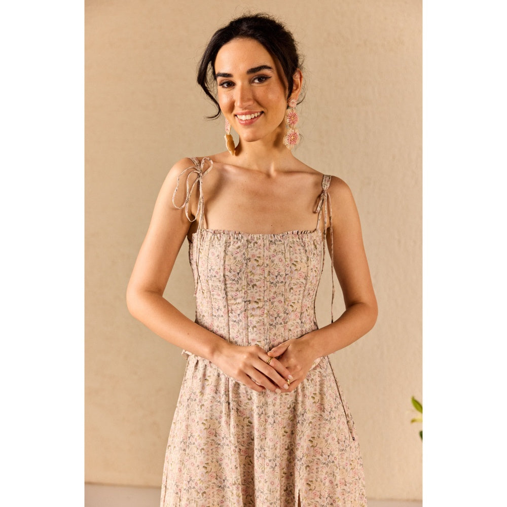 Old Marigold Gardenia Beige Floral Midi Dress With Corset Jacket (Set of 2)