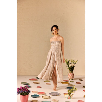 Old Marigold Carina Beige Floral Tube Midi Dress