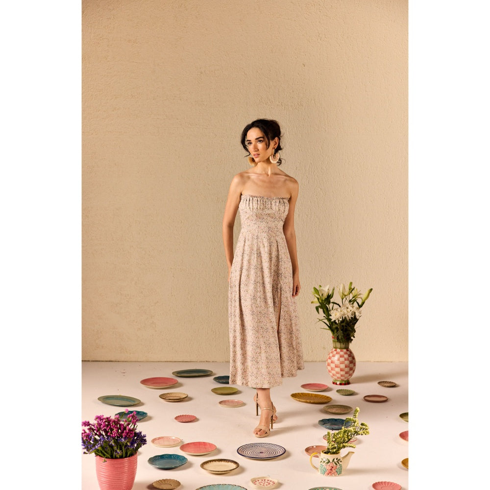 Old Marigold Carina Beige Floral Tube Midi Dress