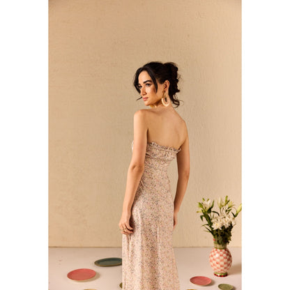 Old Marigold Carina Beige Floral Tube Midi Dress