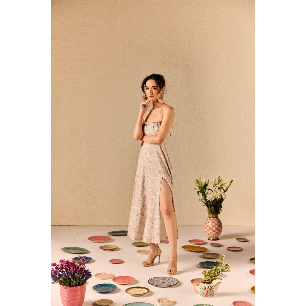 Old Marigold Carina Beige Floral Tube Midi Dress