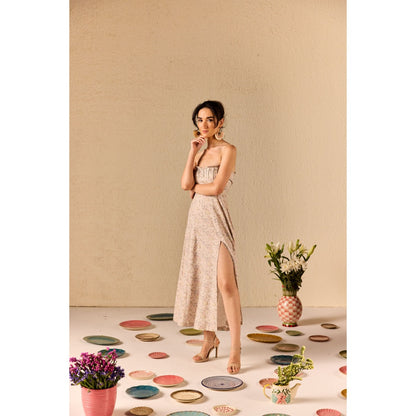 Old Marigold Carina Beige Floral Tube Midi Dress