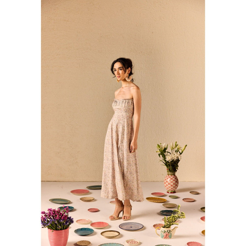 Old Marigold Carina Beige Floral Tube Midi Dress