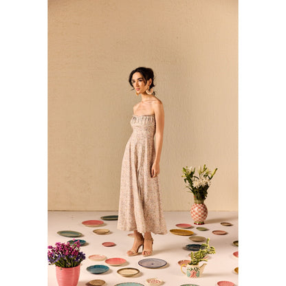 Old Marigold Carina Beige Floral Tube Midi Dress