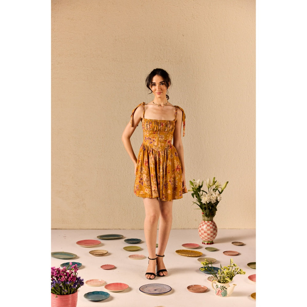 Old Marigold Isola Mustard Floral Babydoll Mini Dress