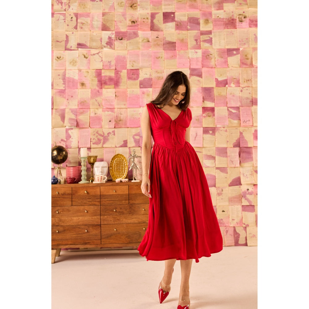 Old Marigold Dolce Cherry Red V-Neck Corset Midi Dress