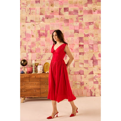 Old Marigold Dolce Cherry Red V-Neck Corset Midi Dress