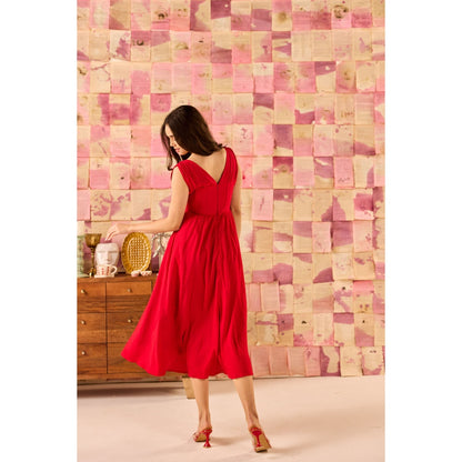 Old Marigold Dolce Cherry Red V-Neck Corset Midi Dress
