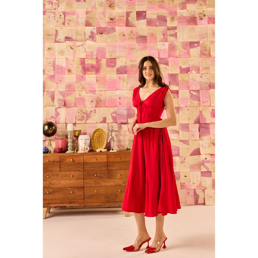 Old Marigold Dolce Cherry Red V-Neck Corset Midi Dress