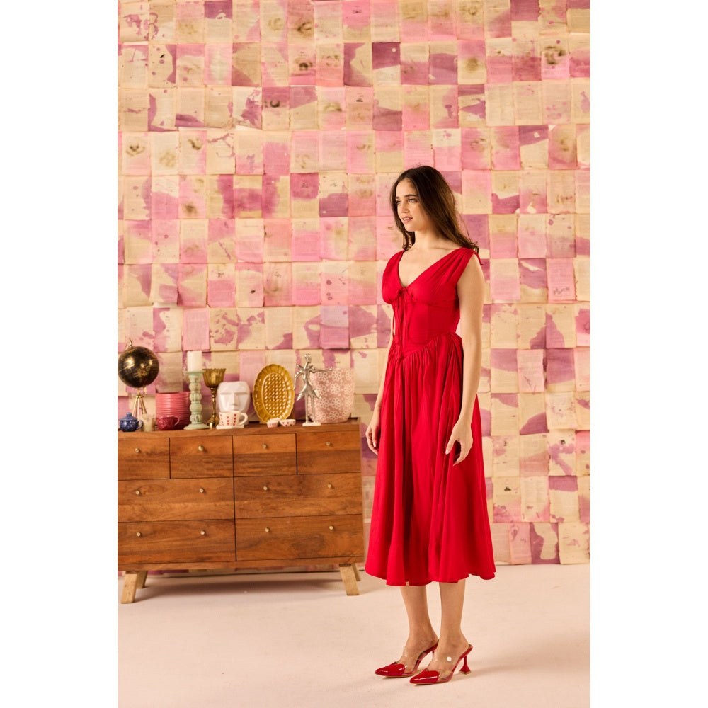 Old Marigold Dolce Cherry Red V-Neck Corset Midi Dress