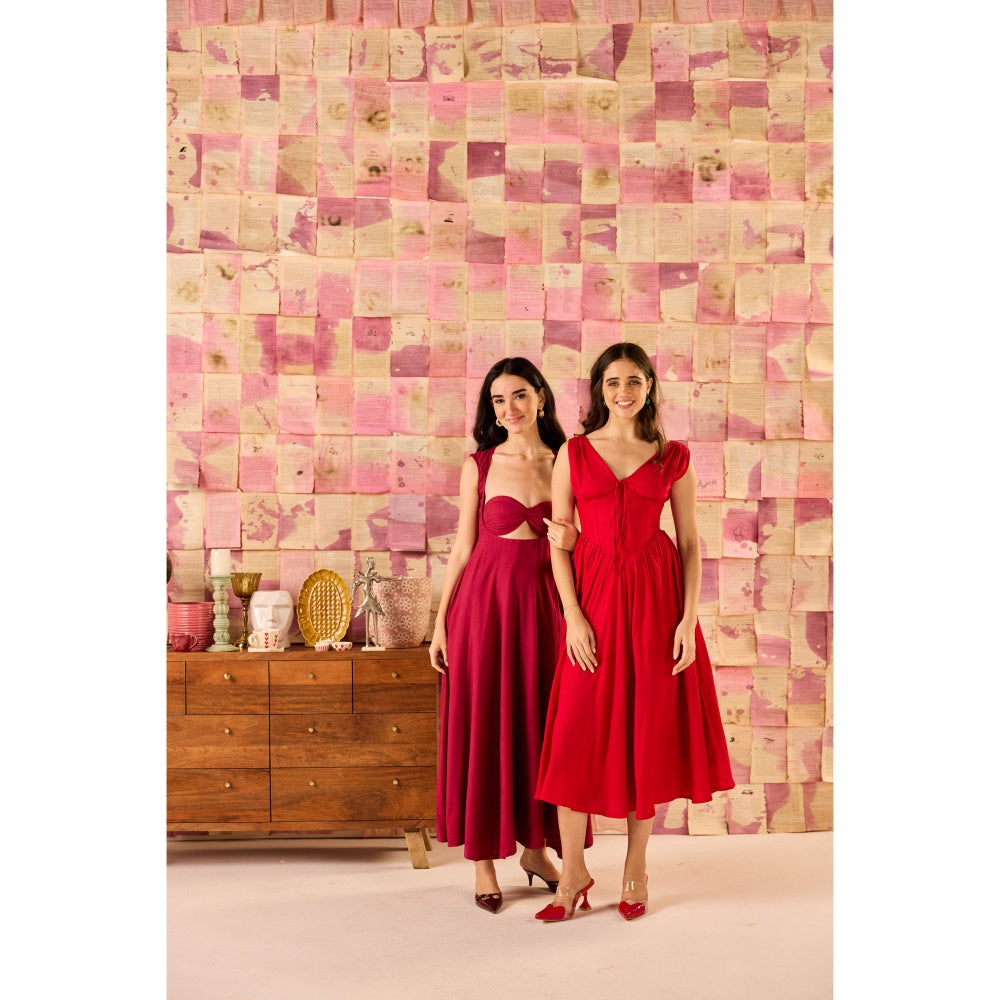 Old Marigold Dolce Cherry Red V-Neck Corset Midi Dress