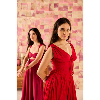 Old Marigold Dolce Cherry Red V-Neck Corset Midi Dress