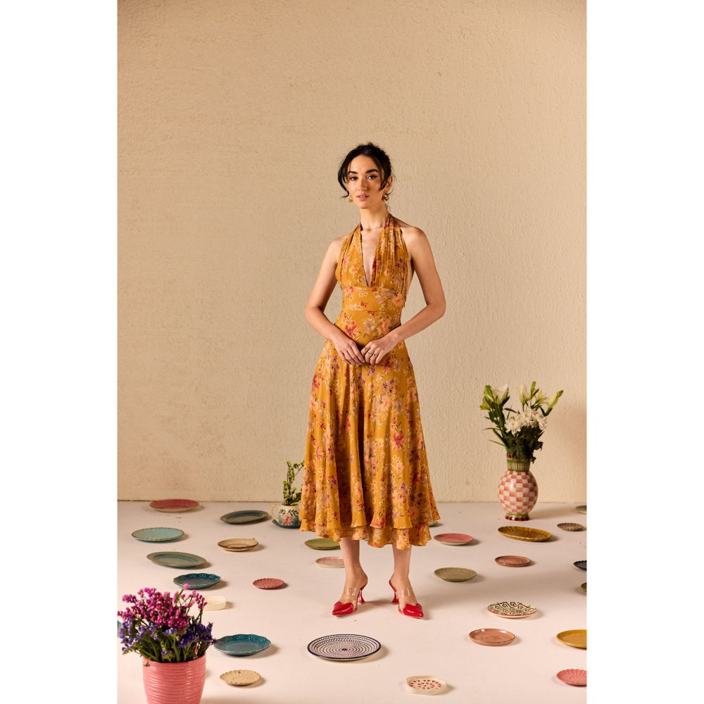 Old Marigold Clio Mustard Floral Halter neck Midi Dress