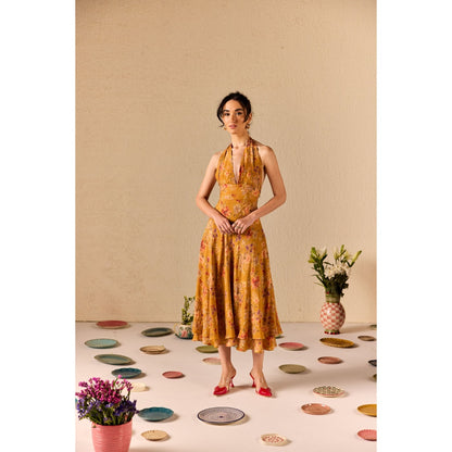Old Marigold Clio Mustard Floral Halter neck Midi Dress