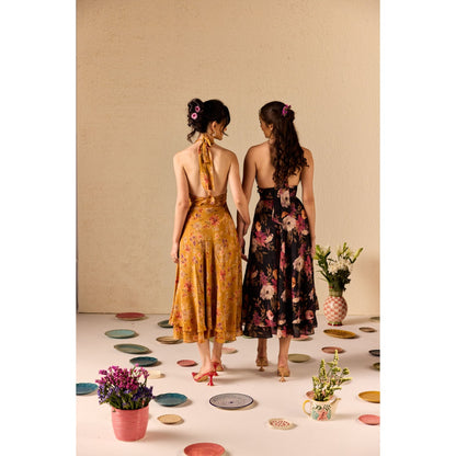 Old Marigold Clio Mustard Floral Halter neck Midi Dress