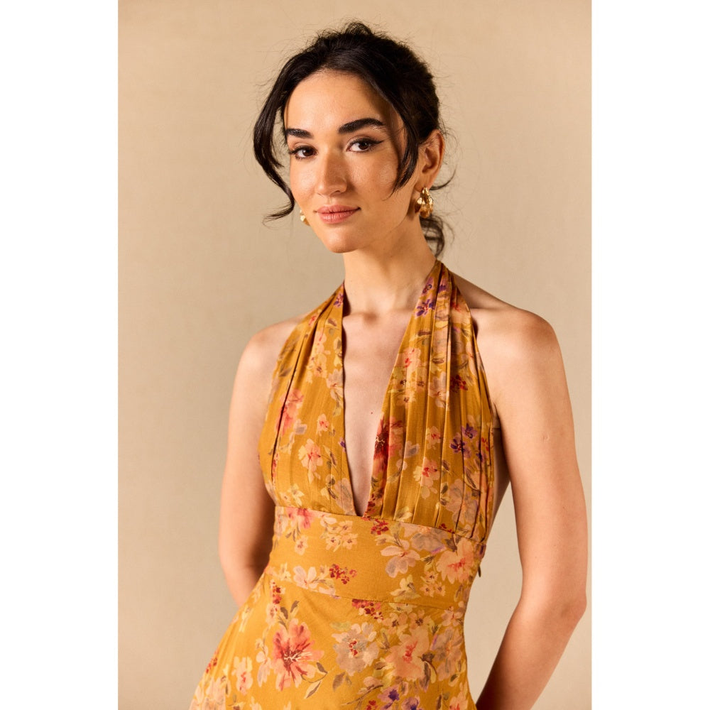 Old Marigold Clio Mustard Floral Halter neck Midi Dress