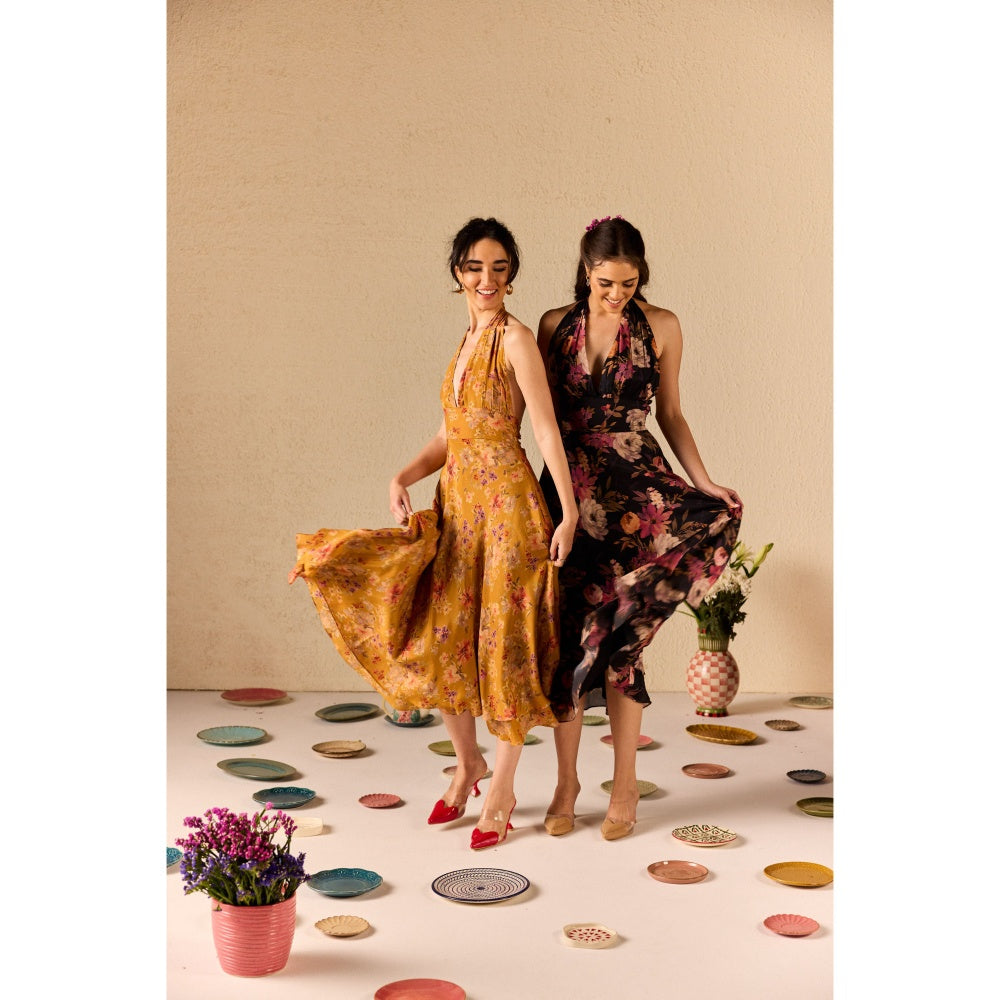 Old Marigold Clio Mustard Floral Halter neck Midi Dress
