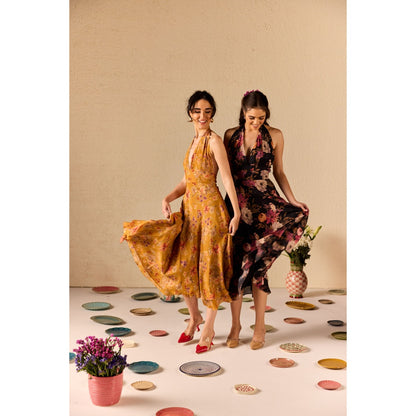 Old Marigold Clio Mustard Floral Halter neck Midi Dress