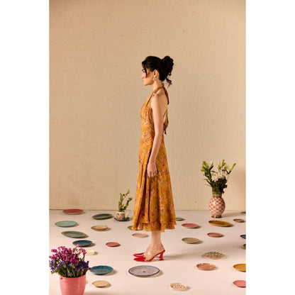 Old Marigold Clio Mustard Floral Halter neck Midi Dress