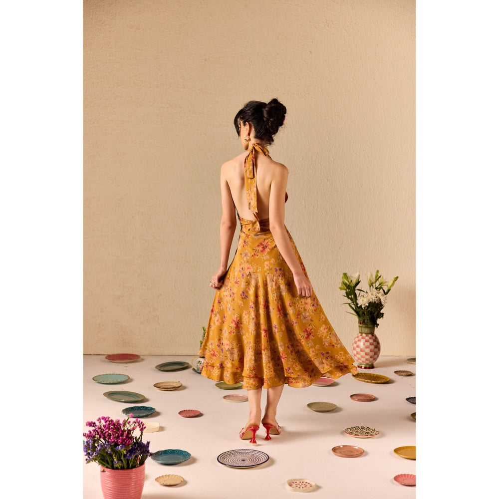 Old Marigold Clio Mustard Floral Halter neck Midi Dress