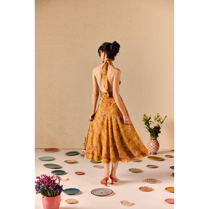 Old Marigold Clio Mustard Floral Halter neck Midi Dress