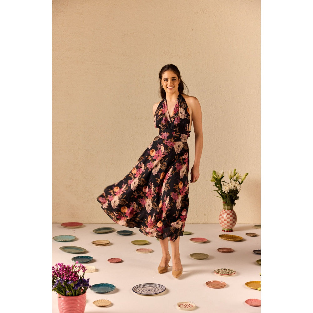 Old Marigold Fable Black Floral Halter neck Midi Dress