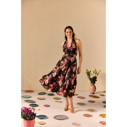 Old Marigold Fable Black Floral Halter neck Midi Dress