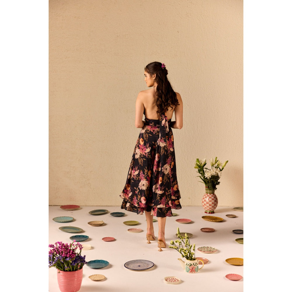 Old Marigold Fable Black Floral Halter neck Midi Dress