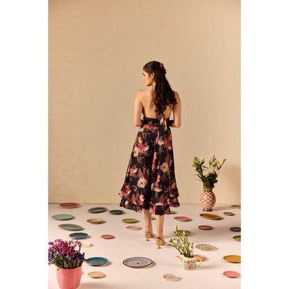 Old Marigold Fable Black Floral Halter neck Midi Dress