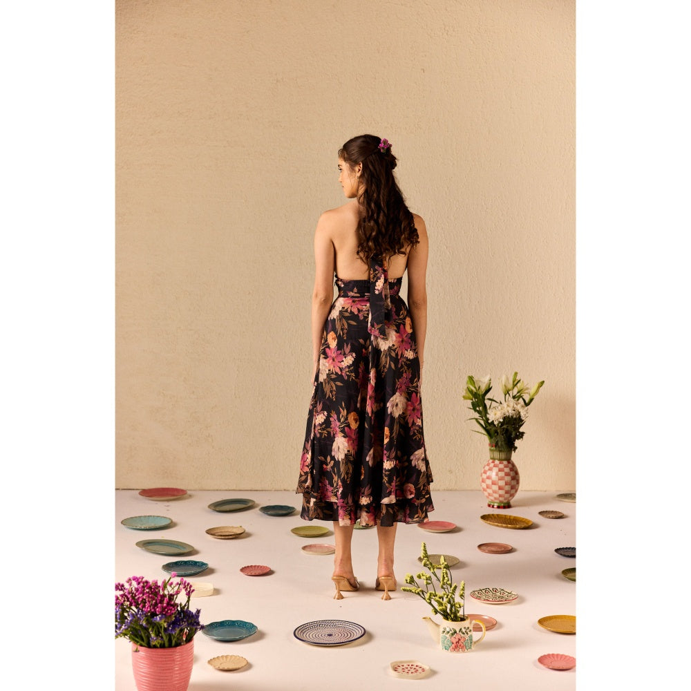 Old Marigold Fable Black Floral Halter neck Midi Dress