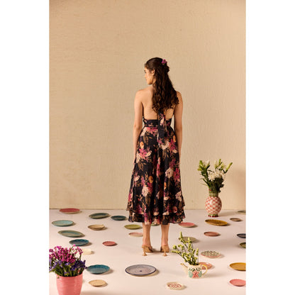 Old Marigold Fable Black Floral Halter neck Midi Dress